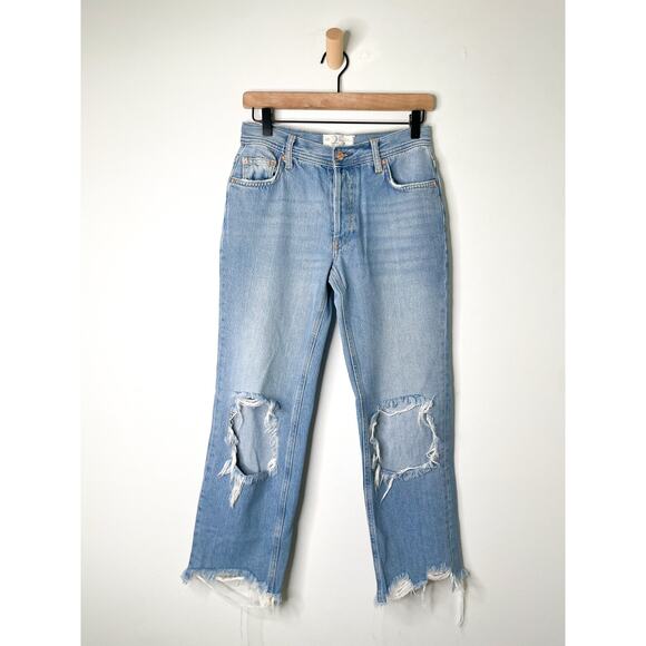 Free People Maggie Ripped Crop Baggy Jeans Size 25 Busted Knee Distressed - Picture 2 of 9